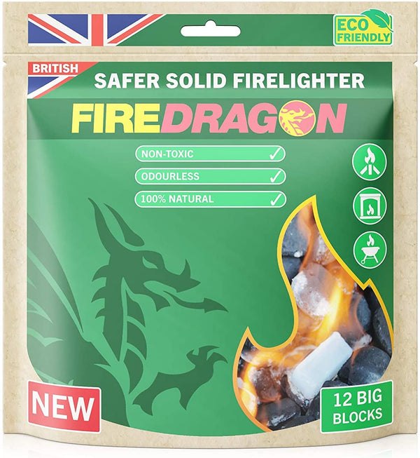 Fire Dragon Safer Solid Fuel Barbecue Firelighter - 12 Big Block Pouch - firedragon, firelighter, wood wool. FireDragon by FireFly Barbecue