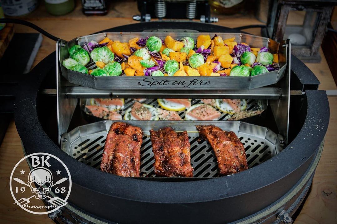 Grilled vegetables and ribs on Primo Ceramic Grill