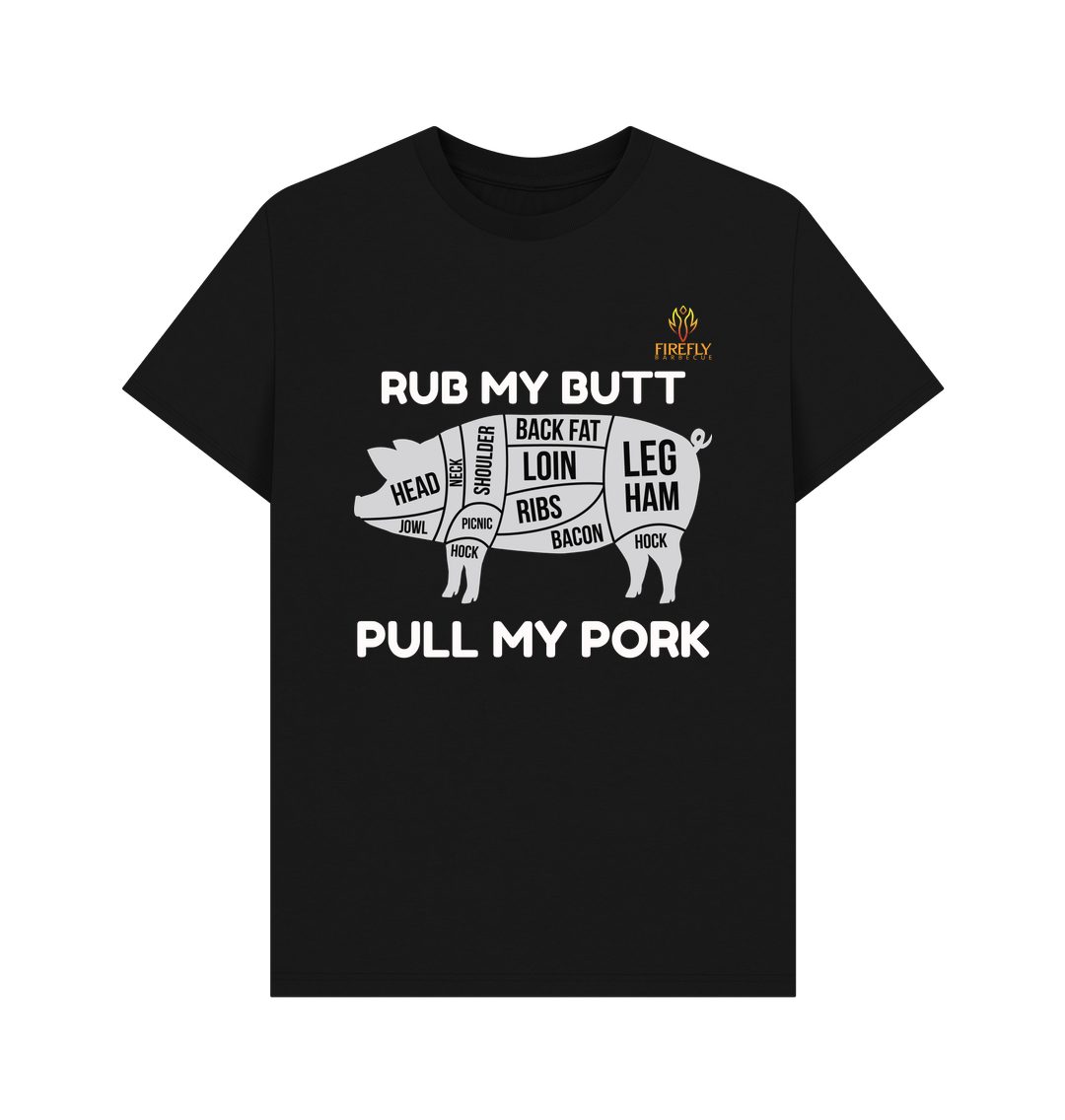 Mens T-shirt with pig diagram and text 'Rub my Butt' for apparel and clothing
