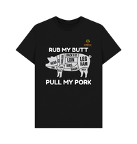 Mens T-shirt with pig diagram and text 'Rub my Butt' for apparel and clothing