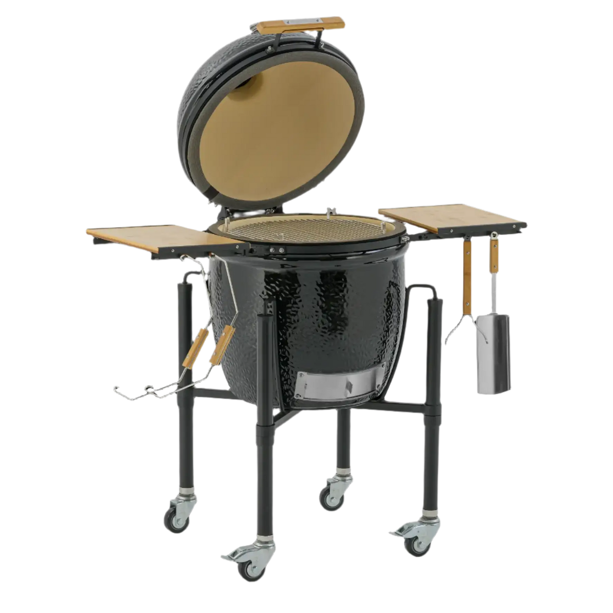 Monolith ONE 55 ceramic kamado grill with open lid and grilling tools attached, designed for premium outdoor cooking experiences.