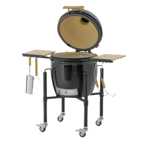 Angled view of Monolith ONE 55 grill with open dome lid and dual wooden side tables, featured in FireFly Barbecue's outdoor grill collection.