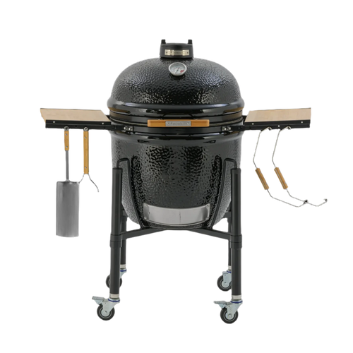 Black ceramic grill with wooden side tables and wheels