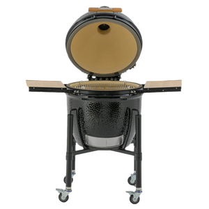 Front view of Monolith ONE.66 Ceramic Grill with open lid revealing spacious ceramic interior and stainless steel grill grate for outdoor grilling.