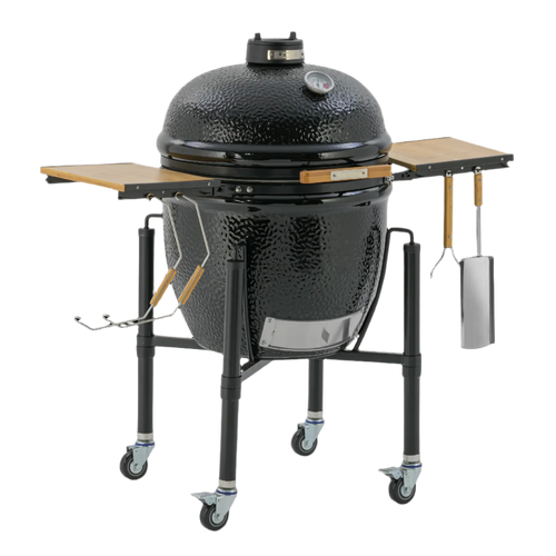 Open black ceramic grill with wooden side tables and wheels