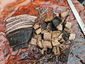 Sliced and chopped Bindaree Brisket - Grain-Fed BBQ showing tender, juicy interior and smoky bark, ready for serving.
