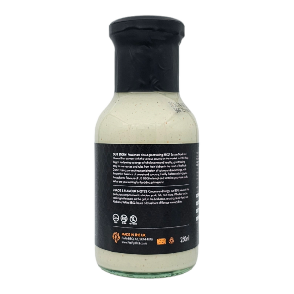 Back view of Alabama White BBQ Sauce bottle with black cap