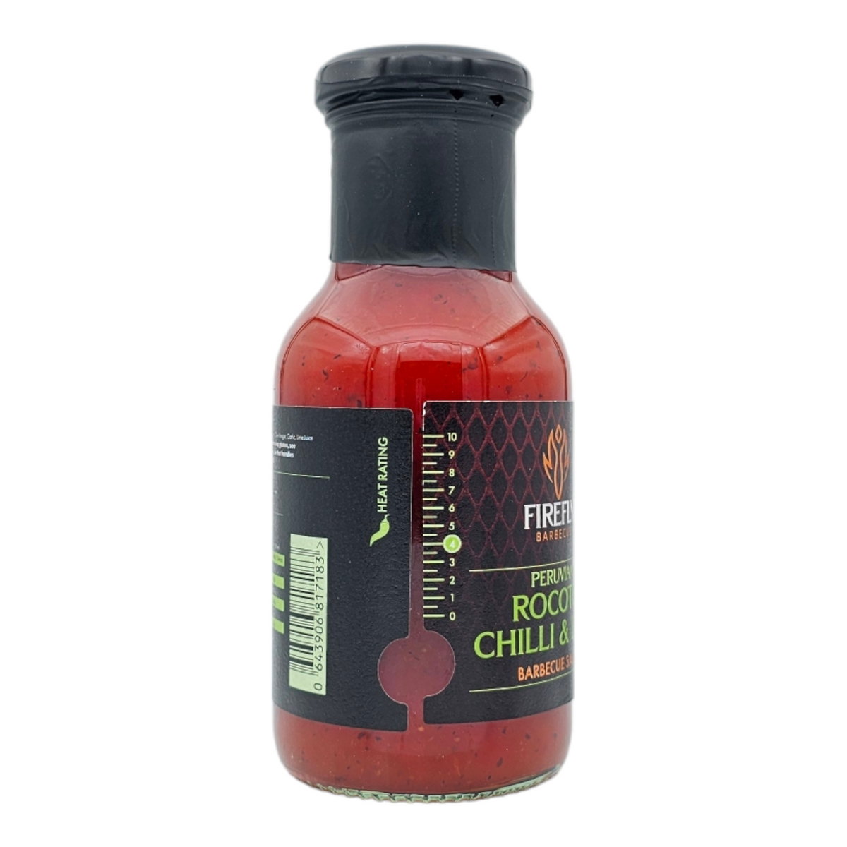 Side view of Firefly BBQ Peruvian Rocoto Chilli & Lime Sauce bottle showing heat rating and barcode on label.