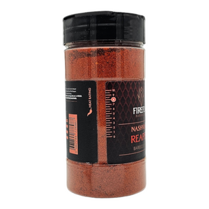 Side angle of Nashville Hot Seasoning Reaper Level 5 jar showing heat rating scale. Gluten-free BBQ rub with intense Carolina Reaper spice.
