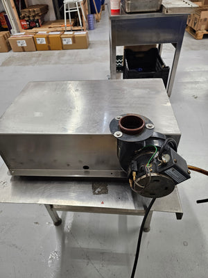 Rear view of Cookshack Smokehood 100 Series showing motor and exhaust port, suitable for commercial or residential outdoor grills.