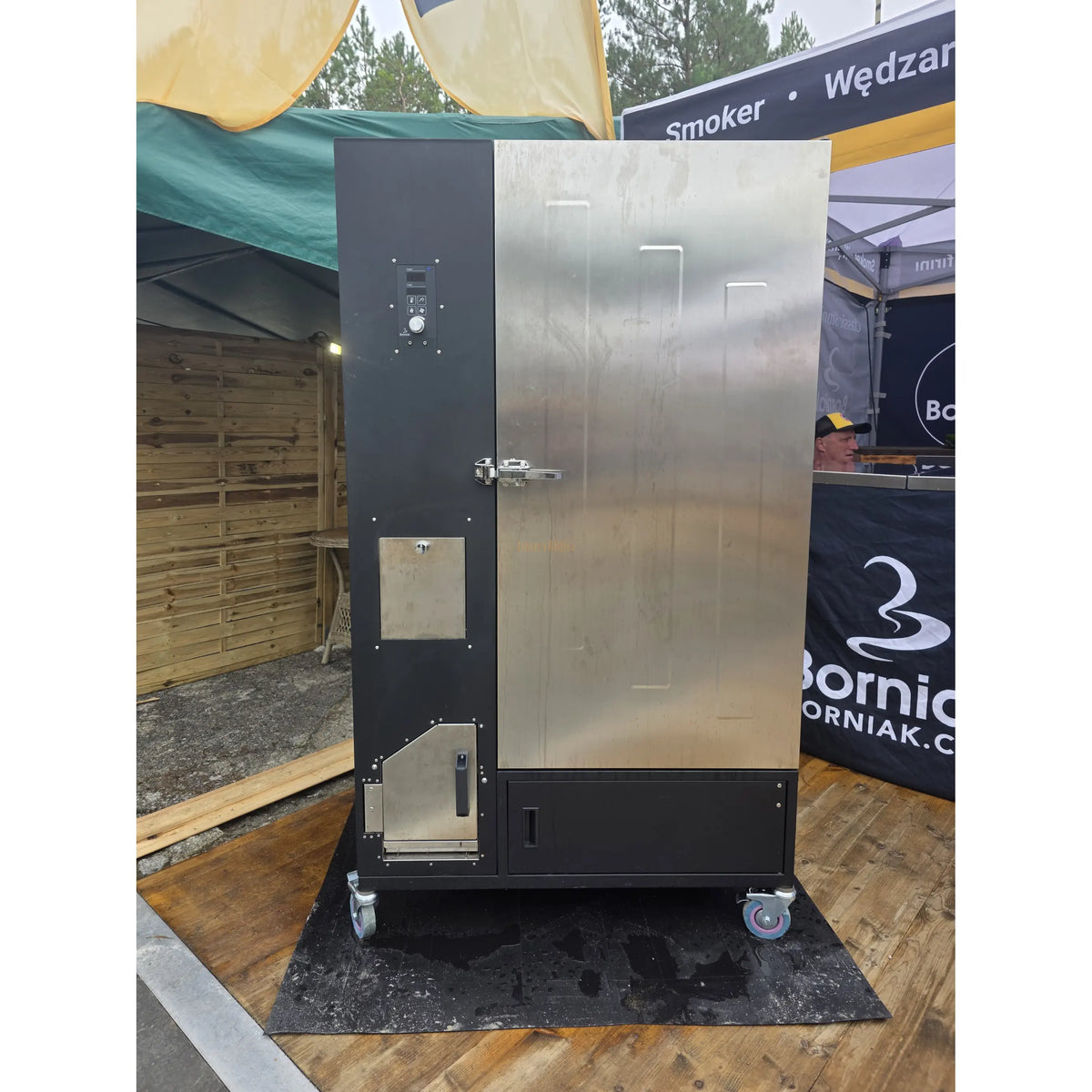 Stainless steel commercial smoker with 10 shelves and control panel