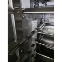 Side view of stainless steel smoker showing internal racks and ventilation