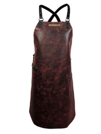Red leather apron with adjustable straps and logo