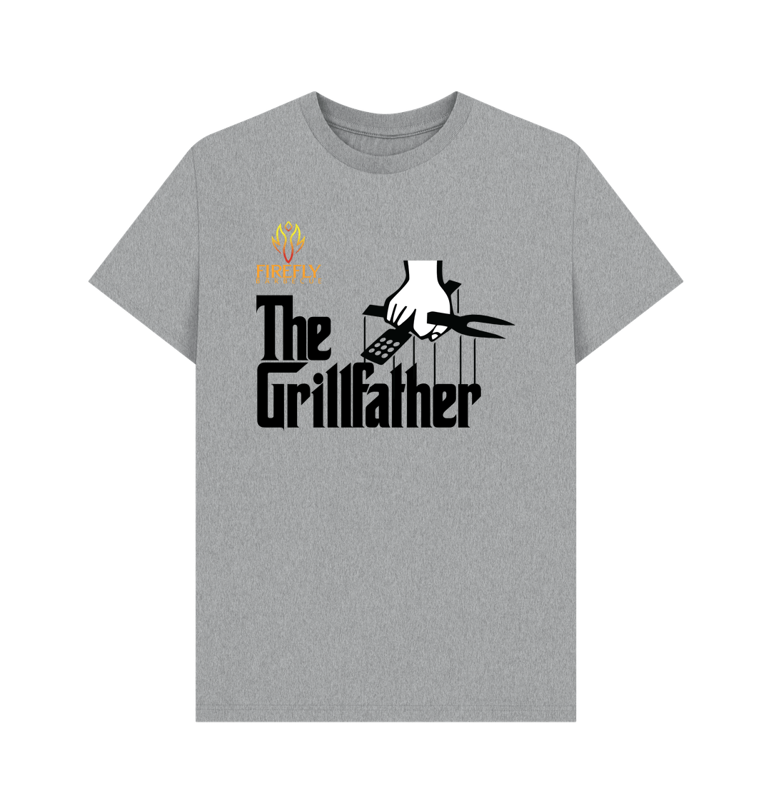 Gray men's T-shirt with 'The Grillfather' graphic and Firefly Barbecue logo