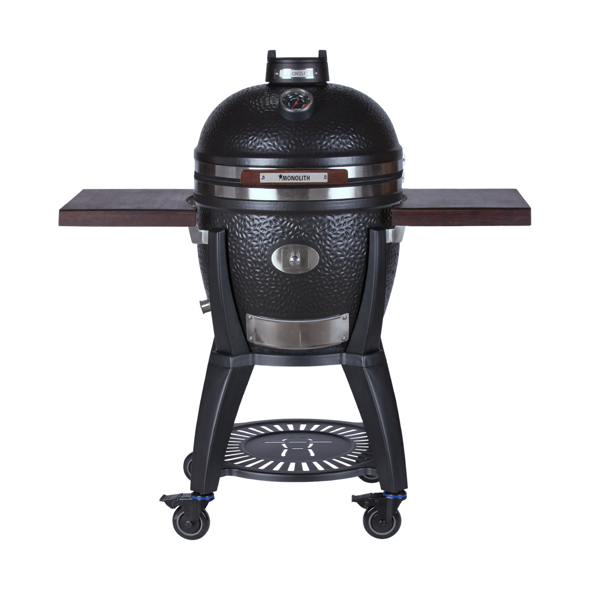 Black kamado grill with wooden side shelves and mobility wheels
