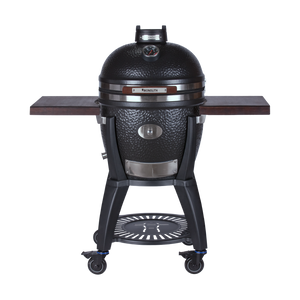 Black kamado grill with wooden side shelves and mobility wheels