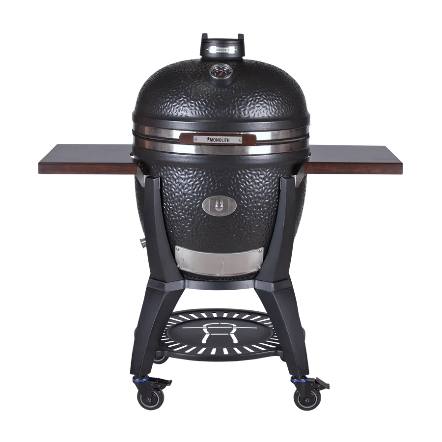 Black Monolith Kamado grill with textured surface and high-quality stainless steel fittings