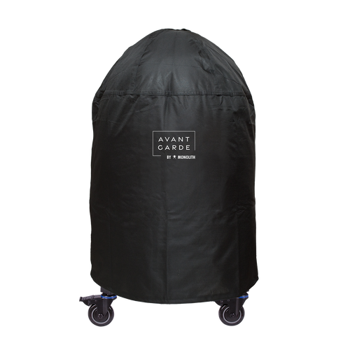 Black Monolith grill cover with Avantgarde logo, weather-resistant outdoor grill accessory