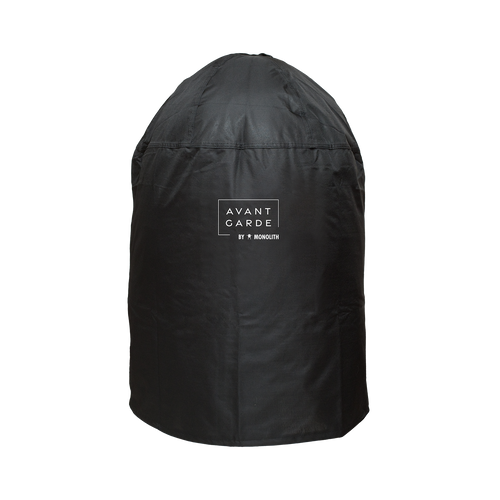 Close-up of black outdoor grill cover with Avantgarde branding, UV-protected and easy to remove
