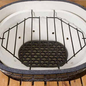 Interior view of Primo Oval LG 300 Ceramic Grill with cooking grates and fire grate setup for even heat distribution.