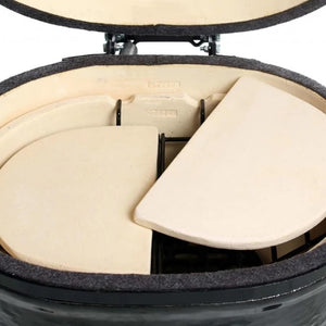 Interior view of Primo Oval XL 400 with ceramic heat deflector plates for indirect cooking and heat distribution.