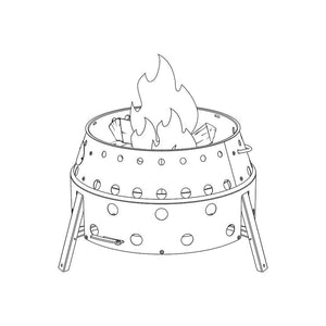 Line drawing of Petromax Atago used as a fire pit with flames, illustrating its fire bowl functionality for outdoor use.