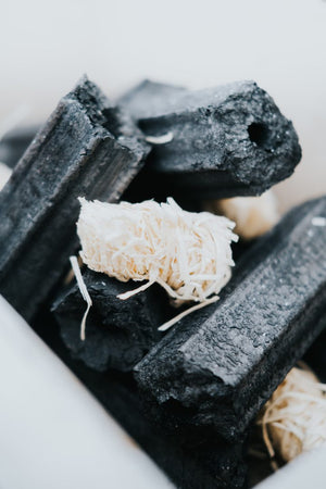 Kasai Wood Wool Firelighter placed with charcoal, highlighting its eco-friendly material for quick ignition in grills or fire pits.