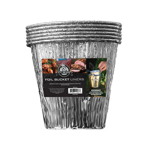 Pack of foil bucket liners with a visible brand label on a white background