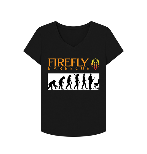 Women's V-Neck T-Shirt with Firefly BBQ logo and evolution graphic