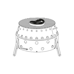 Illustration of Petromax Atago with steak on grill, showing its BBQ and cooking capabilities in a compact design.