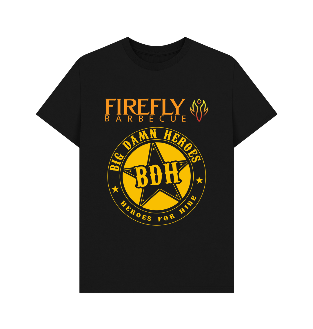 Black men's T-shirt with Firefly Big Damn Hero logo and flame icon