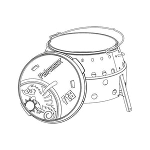 Sketch of Petromax Atago with lid and accessories, highlighting its multifunctional use as stove, oven, and fire pit.