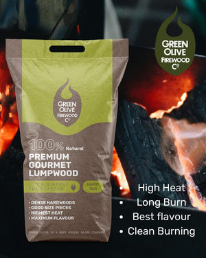 Premium Gourmet Lumpwood BBQ Charcoal bag highlighting high heat, long burn, and clean burning features for superior outdoor cooking.