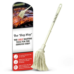 Bone Suckin' The Slop Mop BBQ Basting Tool with packaging, highlighting its 15-inch length and durable design for serious grill enthusiasts.