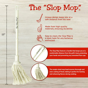 Bone Suckin' The Slop Mop BBQ Basting Tool features 15-inch handle and absorbent mop head, ideal for safe, flavorful grilling and roasting.