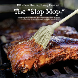 BBQ Basting Mop Tool - Elevate Your Grilling by applying sauce to ribs on the grill using Bone Suckin' The Slop Mop for juicy, flavorful results.