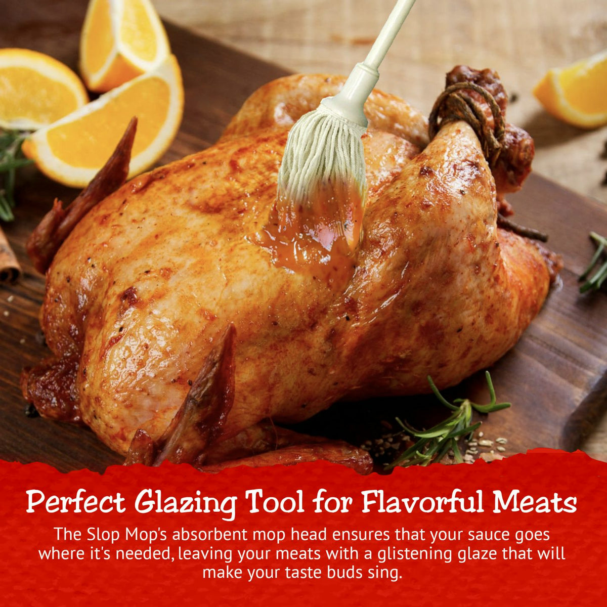 Roast chicken with basting mop for grilling