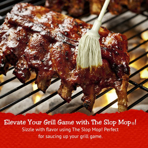 BBQ Basting Mop Tool - Elevate Your Grilling with Bone Suckin' The Slop Mop, shown saucing ribs on a grill for rich, smoky flavor infusion.