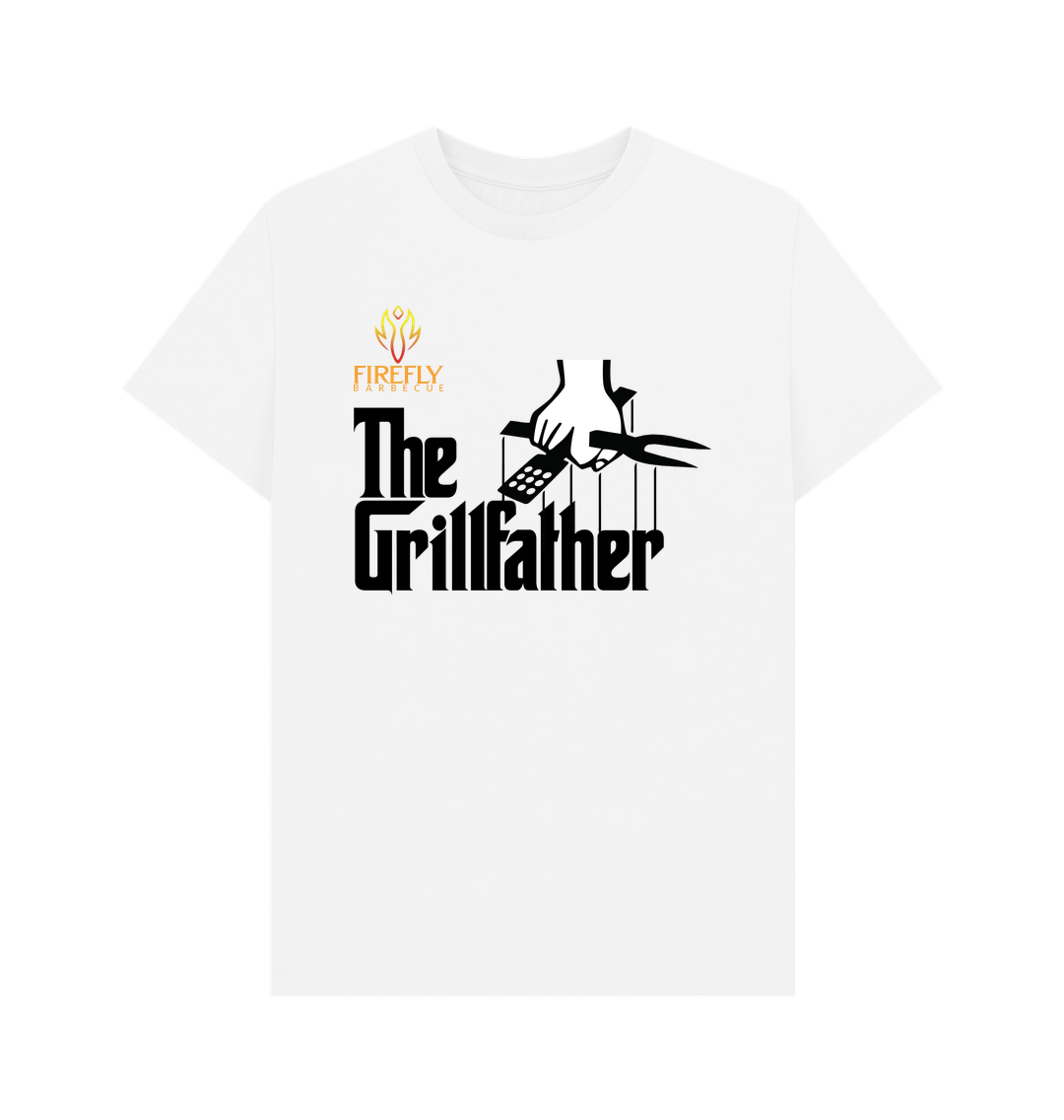 Men's The Grillfather T-shirt in white with black grill-themed parody design and Firefly Barbecue logo, great novelty gift for BBQ fans.