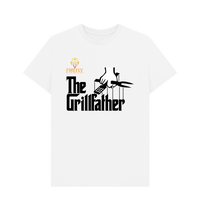 Men's The Grillfather T-shirt in white with black grill-themed parody design and Firefly Barbecue logo, great novelty gift for BBQ fans.