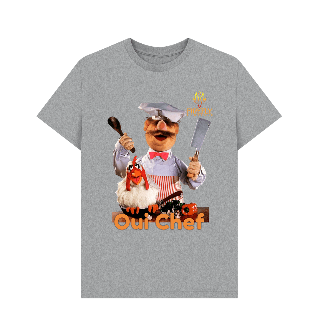 Mens Swedish Chef T-shirt in grey with colorful chef graphic and 'Oui Chef' text, made from certified organic cotton for eco-conscious style.