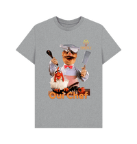 Mens Swedish Chef T-shirt in grey with colorful chef graphic and 'Oui Chef' text, made from certified organic cotton for eco-conscious style.