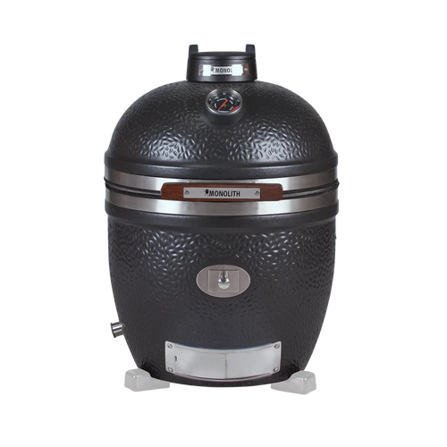 Monolith Avantgarde Kamado Grill with black textured surface and stainless steel fittings