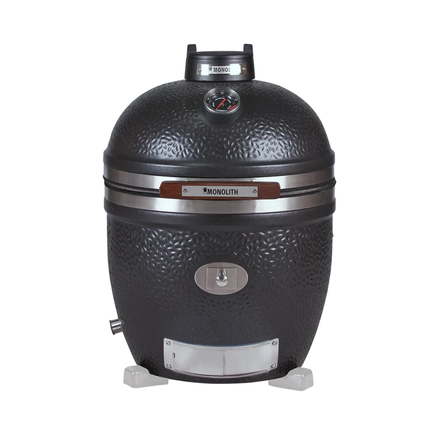 Monolith Avantgarde Kamado Grill with black textured surface and stainless steel fittings