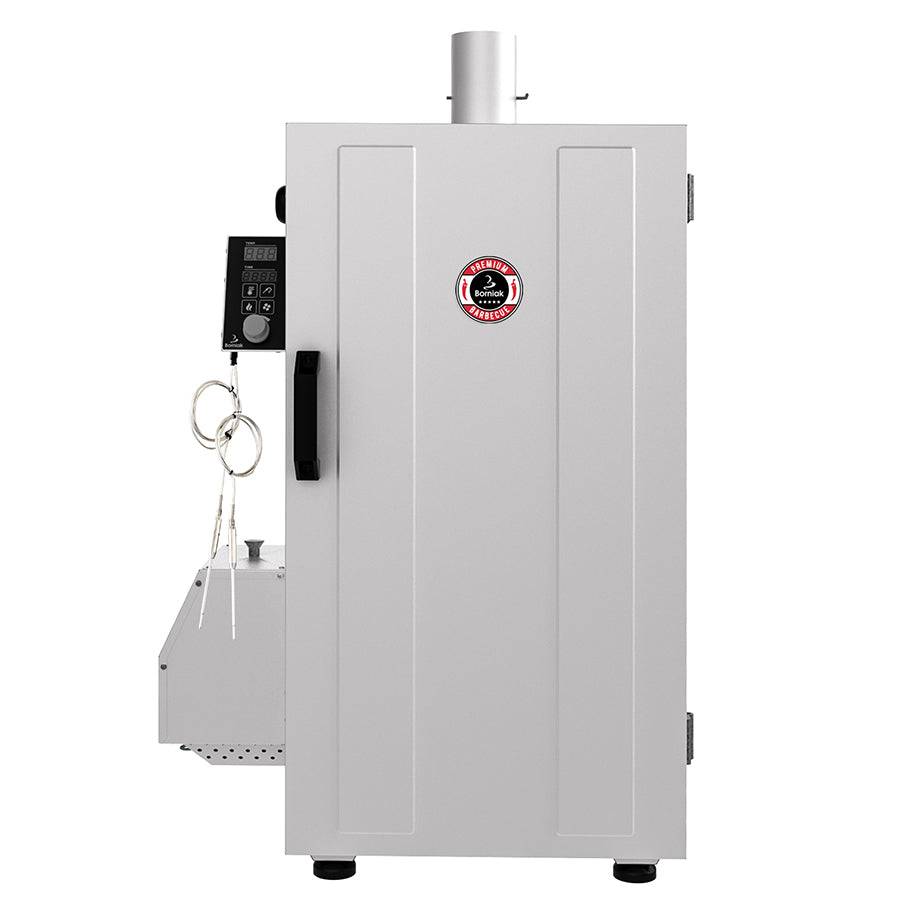 Front view of Borniak stainless steel BBQ smoker with control panel