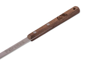 Detailed view of the Petromax Barbecue Skewer's wooden handle with engraved logo, offering a firm grip for outdoor grill use.