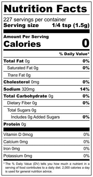 Close-up of nutrition facts label for Meat Church ‘Blanco’ Seasoning 340g, highlighting zero calories and sodium content per serving.