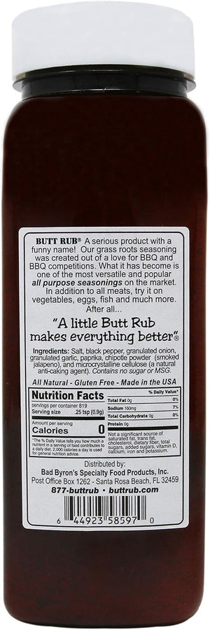 Back view of Bad Byron's Butt Rub BBQ seasoning bottle with ingredients and nutrition facts