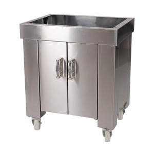 Stainless steel Bertha X/X+ stand with closed double doors and durable construction, perfect for supporting outdoor ovens and accessories.