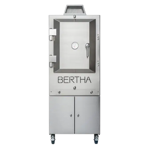 Stainless steel Bertha Charcoal Oven with Stand on Casters, featuring a front-facing thermometer and secure door for heat retention.